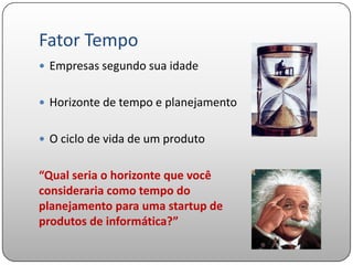 Fator Tempo
 Empresas segundo sua idade


 Horizonte de tempo e planejamento


 O ciclo de vida de um produto


“Qual seria o horizonte que você
consideraria como tempo do
planejamento para uma startup de
produtos de informática?”
 