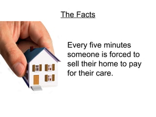 The Facts Every five minutes someone is forced to sell their home to pay for their care. 