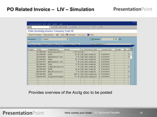 PO Related Invoice – LIV – Simulation




         Provides overview of the Acctg doc to be posted




                             Here comes your footer   FI: Accounts Payable   16
 