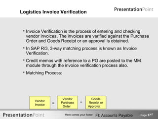 Logistics Invoice Verification


  Invoice Verification is the process of entering and checking
   vendor invoices. The invoices are verified against the Purchase
   Order and Goods Receipt or an approval is obtained.
  In SAP R/3, 3-way matching process is known as Invoice
   Verification.
  Credit memos with reference to a PO are posted to the MM
   module through the invoice verification process also.
  Matching Process:




                      Vendor               Goods
       Vendor
       Invoice   =   Purchase     =      Receipt or
                      Order              Approval

                                                                              17
                       Here comes your footer   FI: Accounts Payable   Page 17
 