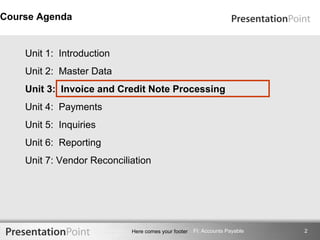 Course Agenda


    Unit 1: Introduction
    Unit 2: Master Data
    Unit 3: Invoice and Credit Note Processing
    Unit 4: Payments
    Unit 5: Inquiries
    Unit 6: Reporting
    Unit 7: Vendor Reconciliation




                            Here comes your footer   FI: Accounts Payable   2
 