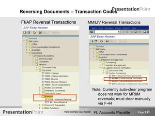 Reversing Documents – Transaction Codes

FI/AP Reversal Transactions            MM/LIV Reversal Transactions




                                             Note: Currently auto-clear program
                                                does not work for MR8M
                                                reversals; must clear manually
                                                via F-44

                                                                             21
                    Here comes your footer   FI: Accounts Payable     Page 21
 