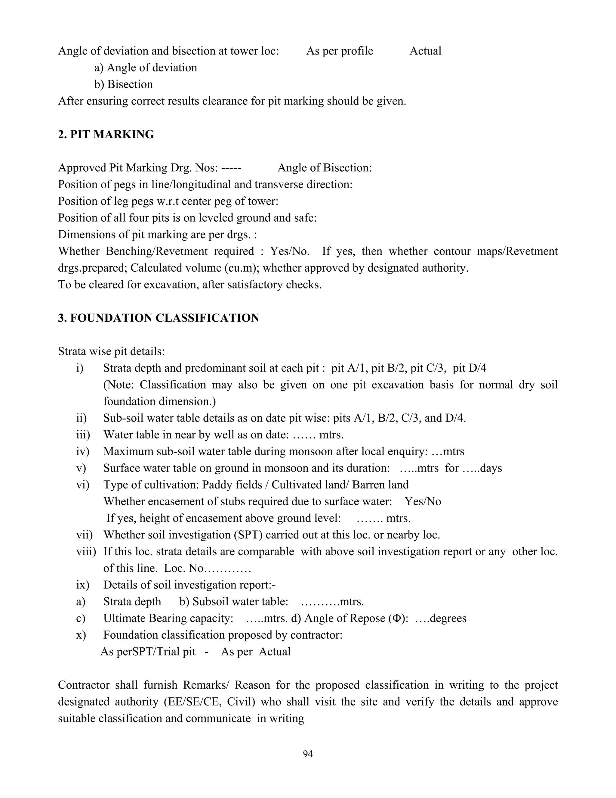94
Angle of deviation and bisection at tower loc: As per profile Actual
a) Angle of deviation
b) Bisection
After ensuring correct results clearance for pit marking should be given.
2. PIT MARKING
Approved Pit Marking Drg. Nos: ----- Angle of Bisection:
Position of pegs in line/longitudinal and transverse direction:
Position of leg pegs w.r.t center peg of tower:
Position of all four pits is on leveled ground and safe:
Dimensions of pit marking are per drgs. :
Whether Benching/Revetment required : Yes/No. If yes, then whether contour maps/Revetment
drgs.prepared; Calculated volume (cu.m); whether approved by designated authority.
To be cleared for excavation, after satisfactory checks.
3. FOUNDATION CLASSIFICATION
Strata wise pit details:
i) Strata depth and predominant soil at each pit : pit A/1, pit B/2, pit C/3, pit D/4
(Note: Classification may also be given on one pit excavation basis for normal dry soil
foundation dimension.)
ii) Sub-soil water table details as on date pit wise: pits A/1, B/2, C/3, and D/4.
iii) Water table in near by well as on date: …… mtrs.
iv) Maximum sub-soil water table during monsoon after local enquiry: …mtrs
v) Surface water table on ground in monsoon and its duration: …..mtrs for …..days
vi) Type of cultivation: Paddy fields / Cultivated land/ Barren land
Whether encasement of stubs required due to surface water: Yes/No
If yes, height of encasement above ground level: ……. mtrs.
vii) Whether soil investigation (SPT) carried out at this loc. or nearby loc.
viii) If this loc. strata details are comparable with above soil investigation report or any other loc.
of this line. Loc. No…………
ix) Details of soil investigation report:-
a) Strata depth b) Subsoil water table: ……….mtrs.
c) Ultimate Bearing capacity: …..mtrs. d) Angle of Repose (Φ): ….degrees
x) Foundation classification proposed by contractor:
As perSPT/Trial pit - As per Actual
Contractor shall furnish Remarks/ Reason for the proposed classification in writing to the project
designated authority (EE/SE/CE, Civil) who shall visit the site and verify the details and approve
suitable classification and communicate in writing
 