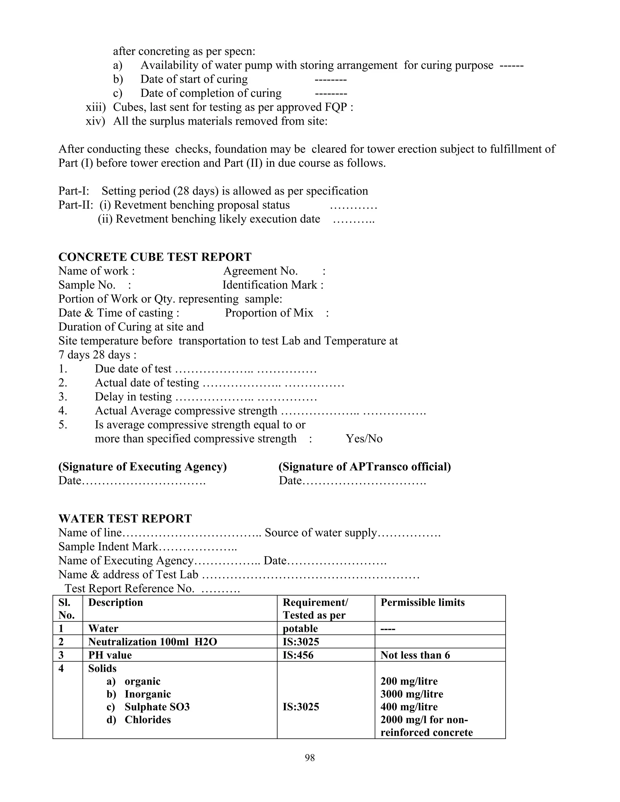 98
after concreting as per specn:
a) Availability of water pump with storing arrangement for curing purpose ------
b) Date of start of curing --------
c) Date of completion of curing --------
xiii) Cubes, last sent for testing as per approved FQP :
xiv) All the surplus materials removed from site:
After conducting these checks, foundation may be cleared for tower erection subject to fulfillment of
Part (I) before tower erection and Part (II) in due course as follows.
Part-I: Setting period (28 days) is allowed as per specification
Part-II: (i) Revetment benching proposal status …………
(ii) Revetment benching likely execution date ………..
CONCRETE CUBE TEST REPORT
Name of work : Agreement No. :
Sample No. : Identification Mark :
Portion of Work or Qty. representing sample:
Date & Time of casting : Proportion of Mix :
Duration of Curing at site and
Site temperature before transportation to test Lab and Temperature at
7 days 28 days :
1. Due date of test ……………….. ……………
2. Actual date of testing ……………….. ……………
3. Delay in testing ……………….. ……………
4. Actual Average compressive strength ……………….. …………….
5. Is average compressive strength equal to or
more than specified compressive strength : Yes/No
(Signature of Executing Agency) (Signature of APTransco official)
Date…………………………. Date………………………….
WATER TEST REPORT
Name of line…………………………….. Source of water supply…………….
Sample Indent Mark………………..
Name of Executing Agency…………….. Date…………………….
Name & address of Test Lab ………………………………………………
Test Report Reference No. ……….
Sl.
No.
Description Requirement/
Tested as per
Permissible limits
1 Water potable ----
2 Neutralization 100ml H2O IS:3025
3 PH value IS:456 Not less than 6
4 Solids
a) organic
b) Inorganic
c) Sulphate SO3
d) Chlorides
IS:3025
200 mg/litre
3000 mg/litre
400 mg/litre
2000 mg/l for non-
reinforced concrete
 