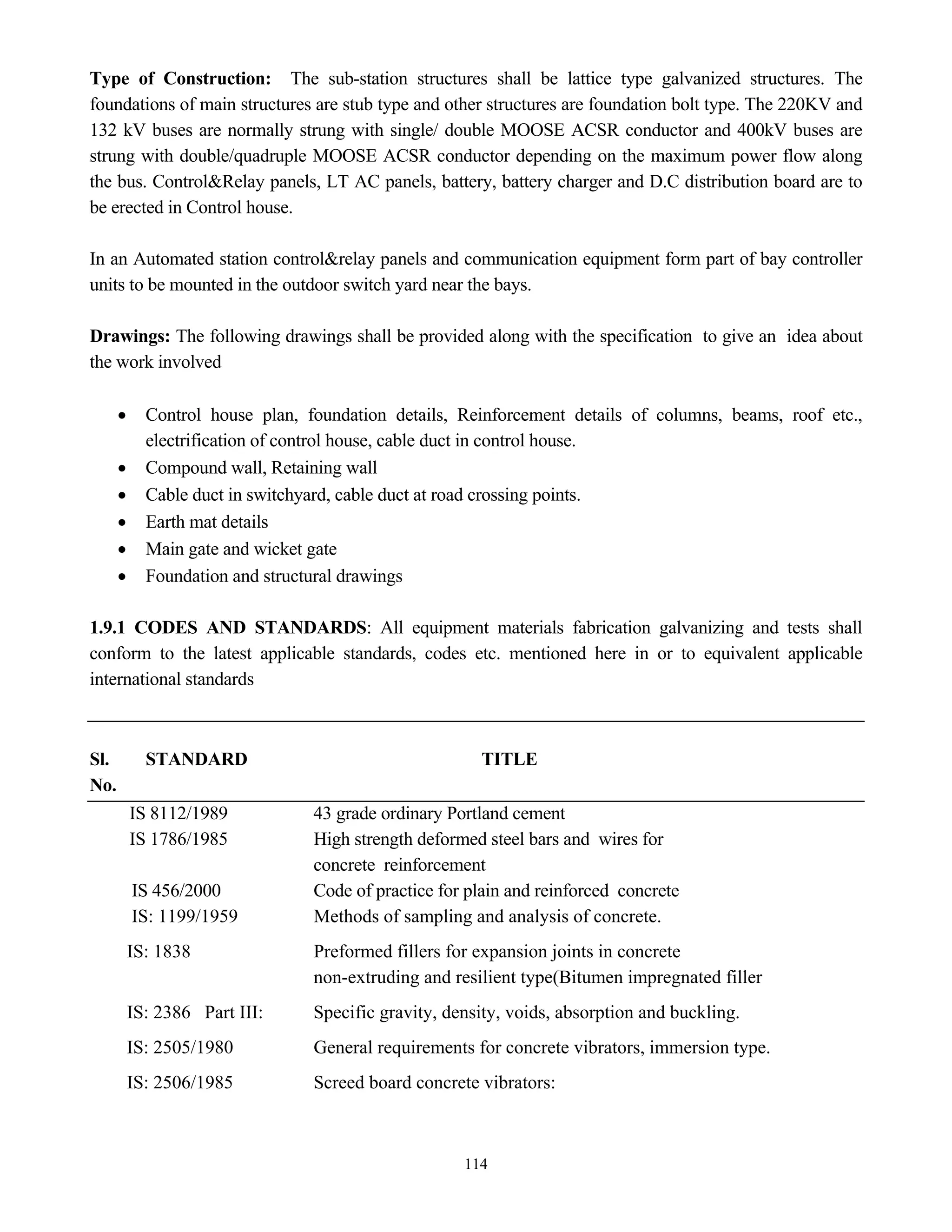 114
Type of Construction: The sub-station structures shall be lattice type galvanized structures. The
foundations of main structures are stub type and other structures are foundation bolt type. The 220KV and
132 kV buses are normally strung with single/ double MOOSE ACSR conductor and 400kV buses are
strung with double/quadruple MOOSE ACSR conductor depending on the maximum power flow along
the bus. Control&Relay panels, LT AC panels, battery, battery charger and D.C distribution board are to
be erected in Control house.
In an Automated station control&relay panels and communication equipment form part of bay controller
units to be mounted in the outdoor switch yard near the bays.
Drawings: The following drawings shall be provided along with the specification to give an idea about
the work involved
• Control house plan, foundation details, Reinforcement details of columns, beams, roof etc.,
electrification of control house, cable duct in control house.
• Compound wall, Retaining wall
• Cable duct in switchyard, cable duct at road crossing points.
• Earth mat details
• Main gate and wicket gate
• Foundation and structural drawings
1.9.1 CODES AND STANDARDS: All equipment materials fabrication galvanizing and tests shall
conform to the latest applicable standards, codes etc. mentioned here in or to equivalent applicable
international standards
Sl. STANDARD TITLE
No.
IS 8112/1989 43 grade ordinary Portland cement
IS 1786/1985 High strength deformed steel bars and wires for
concrete reinforcement
IS 456/2000 Code of practice for plain and reinforced concrete
IS: 1199/1959 Methods of sampling and analysis of concrete.
IS: 1838 Preformed fillers for expansion joints in concrete
non-extruding and resilient type(Bitumen impregnated filler
IS: 2386 Part III: Specific gravity, density, voids, absorption and buckling.
IS: 2505/1980 General requirements for concrete vibrators, immersion type.
IS: 2506/1985 Screed board concrete vibrators:
 
