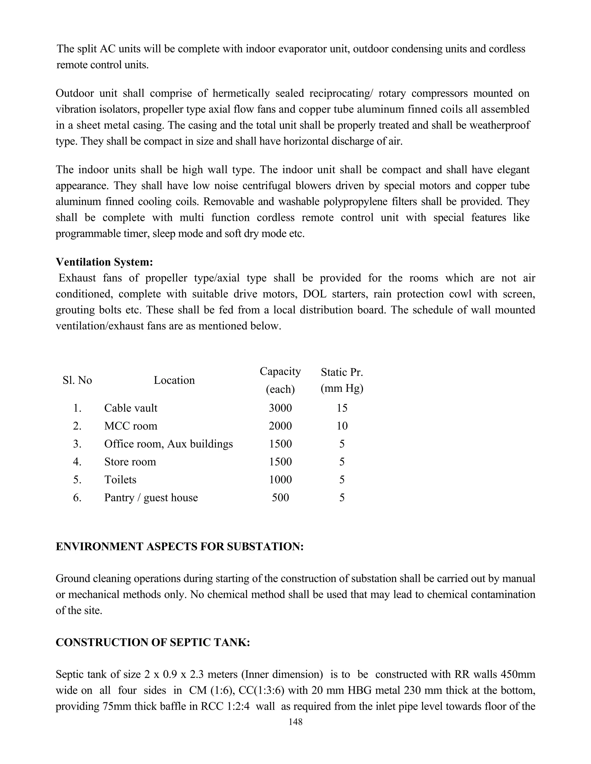 148
The split AC units will be complete with indoor evaporator unit, outdoor condensing units and cordless
remote control units.
Outdoor unit shall comprise of hermetically sealed reciprocating/ rotary compressors mounted on
vibration isolators, propeller type axial flow fans and copper tube aluminum finned coils all assembled
in a sheet metal casing. The casing and the total unit shall be properly treated and shall be weatherproof
type. They shall be compact in size and shall have horizontal discharge of air.
The indoor units shall be high wall type. The indoor unit shall be compact and shall have elegant
appearance. They shall have low noise centrifugal blowers driven by special motors and copper tube
aluminum finned cooling coils. Removable and washable polypropylene filters shall be provided. They
shall be complete with multi function cordless remote control unit with special features like
programmable timer, sleep mode and soft dry mode etc.
Ventilation System:
Exhaust fans of propeller type/axial type shall be provided for the rooms which are not air
conditioned, complete with suitable drive motors, DOL starters, rain protection cowl with screen,
grouting bolts etc. These shall be fed from a local distribution board. The schedule of wall mounted
ventilation/exhaust fans are as mentioned below.
Sl. No Location
Capacity
(each)
Static Pr.
(mm Hg)
1. Cable vault 3000 15
2. MCC room 2000 10
3. Office room, Aux buildings 1500 5
4. Store room 1500 5
5. Toilets 1000 5
6. Pantry / guest house 500 5
ENVIRONMENT ASPECTS FOR SUBSTATION:
Ground cleaning operations during starting of the construction of substation shall be carried out by manual
or mechanical methods only. No chemical method shall be used that may lead to chemical contamination
of the site.
CONSTRUCTION OF SEPTIC TANK:
Septic tank of size 2 x 0.9 x 2.3 meters (Inner dimension) is to be constructed with RR walls 450mm
wide on all four sides in CM (1:6), CC(1:3:6) with 20 mm HBG metal 230 mm thick at the bottom,
providing 75mm thick baffle in RCC 1:2:4 wall as required from the inlet pipe level towards floor of the
 