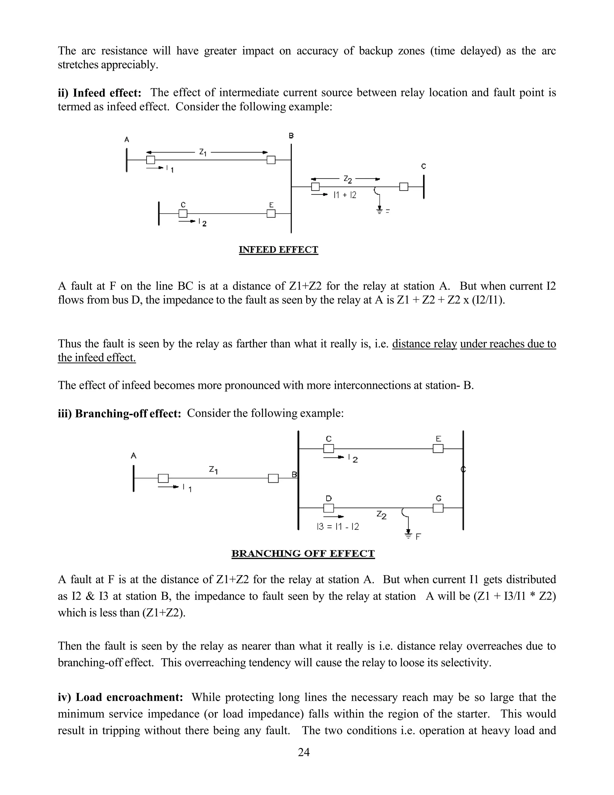 The arc resistance will have greater impact on accuracy of backup zones (time delayed) as the arc
stretches appreciably.
ii) Infeed effect: The effect of intermediate current source between relay location and fault point is
termed as infeed effect. Consider the following example:
A fault at F on the line BC is at a distance of Z1+Z2 for the relay at station A. But when current I2
flows from bus D, the impedance to the fault as seen by the relay at A is Z1 + Z2 + Z2 x (I2/I1).
Thus the fault is seen by the relay as farther than what it really is, i.e. distance relay under reaches due to
the infeed effect.
The effect of infeed becomes more pronounced with more interconnections at station- B.
iii) Branching-off effect: Consider the following example:
A fault at F is at the distance of Z1+Z2 for the relay at station A. But when current I1 gets distributed
as I2 & I3 at station B, the impedance to fault seen by the relay at station A will be (Z1 + I3/I1 * Z2)
which is less than (Z1+Z2).
Then the fault is seen by the relay as nearer than what it really is i.e. distance relay overreaches due to
branching-off effect. This overreaching tendency will cause the relay to loose its selectivity.
iv) Load encroachment: While protecting long lines the necessary reach may be so large that the
minimum service impedance (or load impedance) falls within the region of the starter. This would
result in tripping without there being any fault. The two conditions i.e. operation at heavy load and
24
 