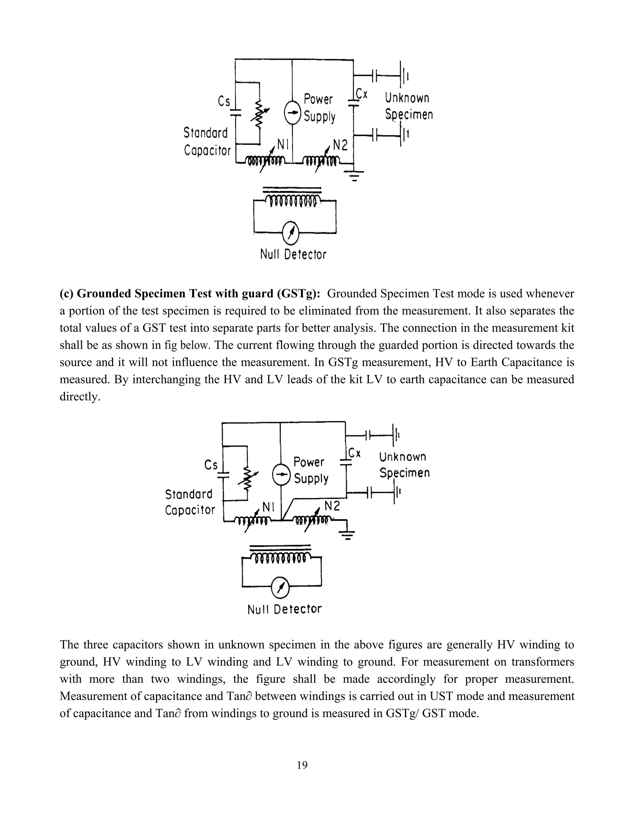 19
(c) Grounded Specimen Test with guard (GSTg): Grounded Specimen Test mode is used whenever
a portion of the test specimen is required to be eliminated from the measurement. It also separates the
total values of a GST test into separate parts for better analysis. The connection in the measurement kit
shall be as shown in fig below. The current flowing through the guarded portion is directed towards the
source and it will not influence the measurement. In GSTg measurement, HV to Earth Capacitance is
measured. By interchanging the HV and LV leads of the kit LV to earth capacitance can be measured
directly.
The three capacitors shown in unknown specimen in the above figures are generally HV winding to
ground, HV winding to LV winding and LV winding to ground. For measurement on transformers
with more than two windings, the figure shall be made accordingly for proper measurement.
Measurement of capacitance and Tan∂ between windings is carried out in UST mode and measurement
of capacitance and Tan∂ from windings to ground is measured in GSTg/ GST mode.
 