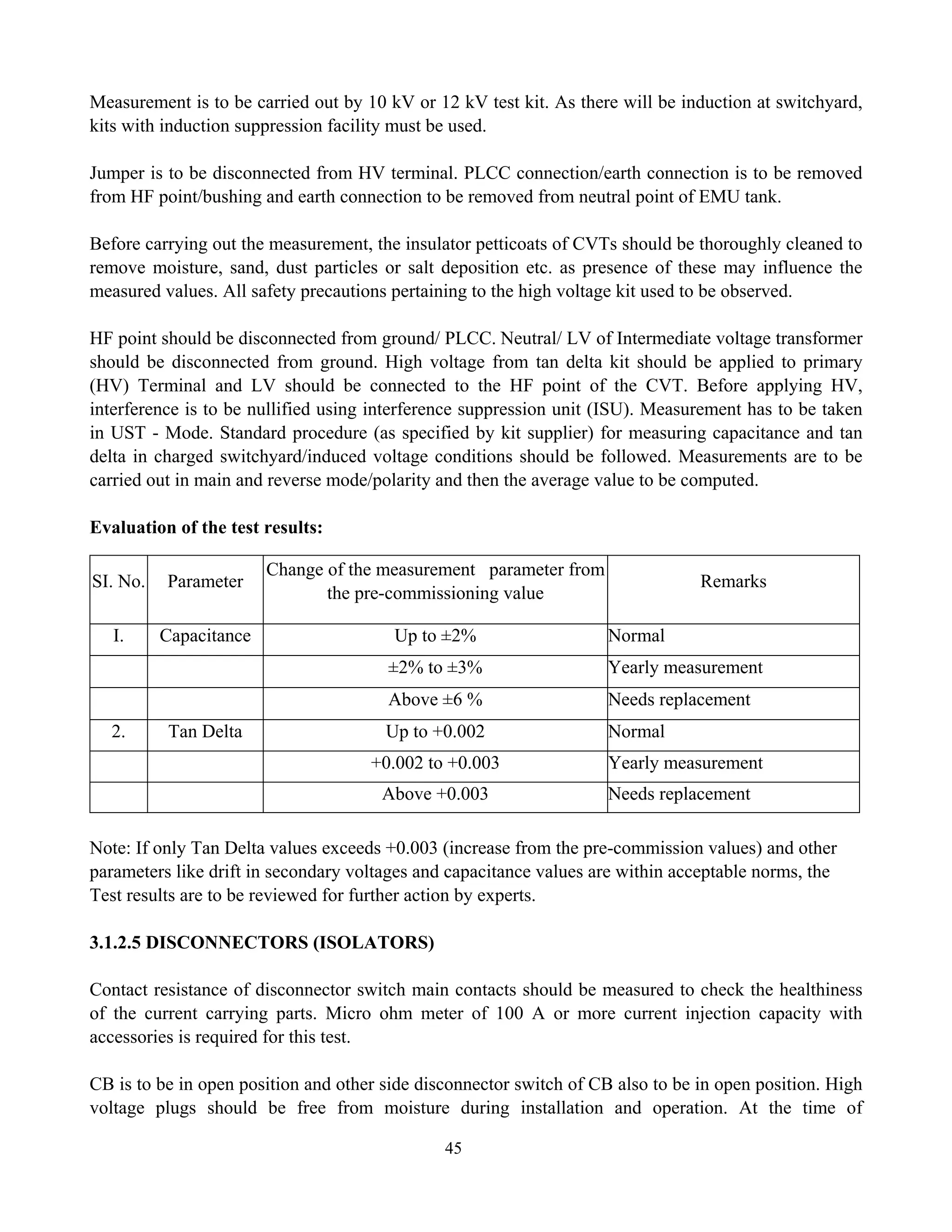 45
Measurement is to be carried out by 10 kV or 12 kV test kit. As there will be induction at switchyard,
kits with induction suppression facility must be used.
Jumper is to be disconnected from HV terminal. PLCC connection/earth connection is to be removed
from HF point/bushing and earth connection to be removed from neutral point of EMU tank.
Before carrying out the measurement, the insulator petticoats of CVTs should be thoroughly cleaned to
remove moisture, sand, dust particles or salt deposition etc. as presence of these may influence the
measured values. All safety precautions pertaining to the high voltage kit used to be observed.
HF point should be disconnected from ground/ PLCC. Neutral/ LV of Intermediate voltage transformer
should be disconnected from ground. High voltage from tan delta kit should be applied to primary
(HV) Terminal and LV should be connected to the HF point of the CVT. Before applying HV,
interference is to be nullified using interference suppression unit (ISU). Measurement has to be taken
in UST - Mode. Standard procedure (as specified by kit supplier) for measuring capacitance and tan
delta in charged switchyard/induced voltage conditions should be followed. Measurements are to be
carried out in main and reverse mode/polarity and then the average value to be computed.
Evaluation of the test results:
SI. No. Parameter
Change of the measurement parameter from
the pre-commissioning value
Remarks
I. Capacitance Up to ±2% Normal
±2% to ±3% Yearly measurement
Above ±6 % Needs replacement
2. Tan Delta Up to +0.002 Normal
+0.002 to +0.003 Yearly measurement
Above +0.003 Needs replacement
Note: If only Tan Delta values exceeds +0.003 (increase from the pre-commission values) and other
parameters like drift in secondary voltages and capacitance values are within acceptable norms, the
Test results are to be reviewed for further action by experts.
3.1.2.5 DISCONNECTORS (ISOLATORS)
Contact resistance of disconnector switch main contacts should be measured to check the healthiness
of the current carrying parts. Micro ohm meter of 100 A or more current injection capacity with
accessories is required for this test.
CB is to be in open position and other side disconnector switch of CB also to be in open position. High
voltage plugs should be free from moisture during installation and operation. At the time of
 