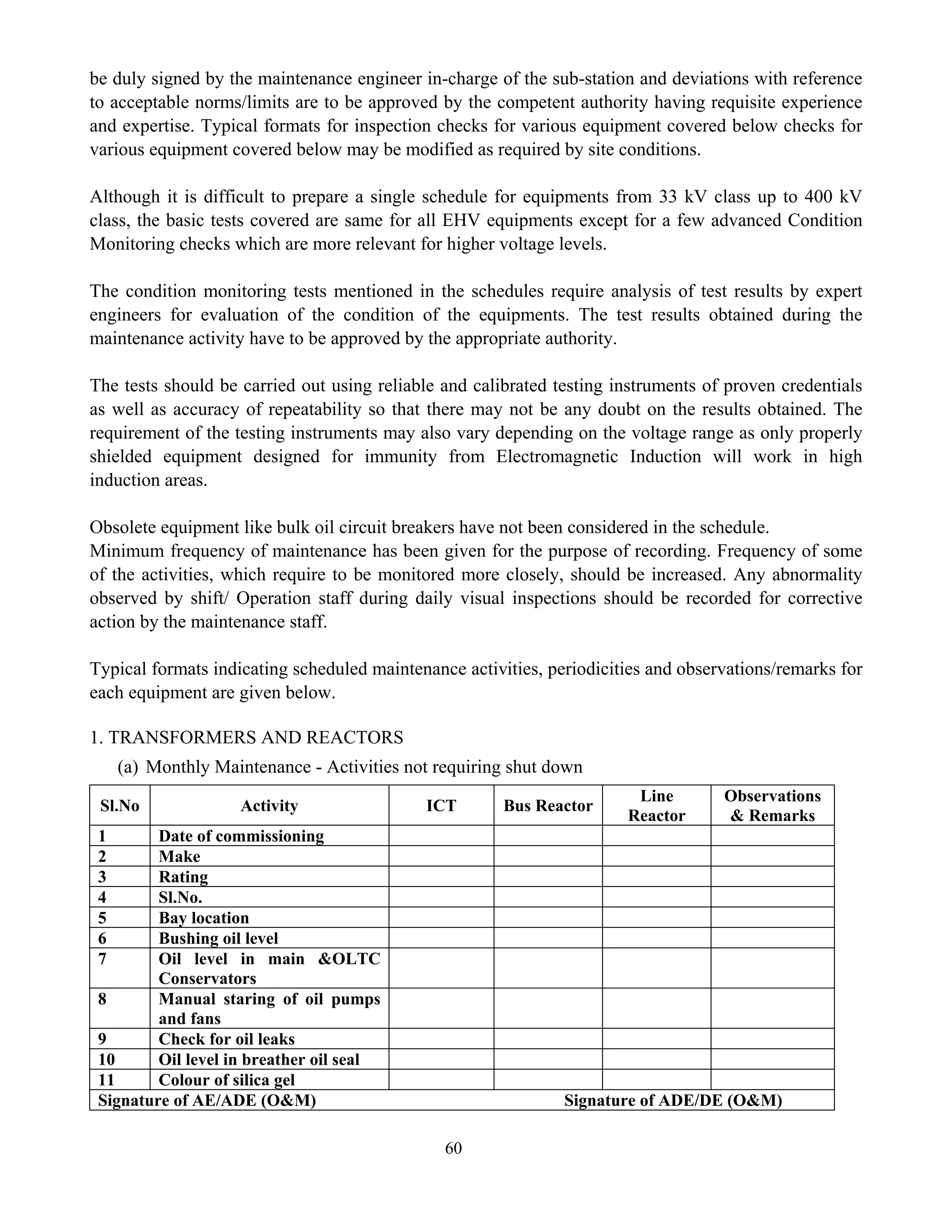 60
be duly signed by the maintenance engineer in-charge of the sub-station and deviations with reference
to acceptable norms/limits are to be approved by the competent authority having requisite experience
and expertise. Typical formats for inspection checks for various equipment covered below checks for
various equipment covered below may be modified as required by site conditions.
Although it is difficult to prepare a single schedule for equipments from 33 kV class up to 400 kV
class, the basic tests covered are same for all EHV equipments except for a few advanced Condition
Monitoring checks which are more relevant for higher voltage levels.
The condition monitoring tests mentioned in the schedules require analysis of test results by expert
engineers for evaluation of the condition of the equipments. The test results obtained during the
maintenance activity have to be approved by the appropriate authority.
The tests should be carried out using reliable and calibrated testing instruments of proven credentials
as well as accuracy of repeatability so that there may not be any doubt on the results obtained. The
requirement of the testing instruments may also vary depending on the voltage range as only properly
shielded equipment designed for immunity from Electromagnetic Induction will work in high
induction areas.
Obsolete equipment like bulk oil circuit breakers have not been considered in the schedule.
Minimum frequency of maintenance has been given for the purpose of recording. Frequency of some
of the activities, which require to be monitored more closely, should be increased. Any abnormality
observed by shift/ Operation staff during daily visual inspections should be recorded for corrective
action by the maintenance staff.
Typical formats indicating scheduled maintenance activities, periodicities and observations/remarks for
each equipment are given below.
1. TRANSFORMERS AND REACTORS
(a) Monthly Maintenance - Activities not requiring shut down
Sl.No Activity ICT Bus Reactor
Line
Reactor
Observations
& Remarks
1 Date of commissioning
2 Make
3 Rating
4 Sl.No.
5 Bay location
6 Bushing oil level
7 Oil level in main &OLTC
Conservators
8 Manual staring of oil pumps
and fans
9 Check for oil leaks
10 Oil level in breather oil seal
11 Colour of silica gel
Signature of AE/ADE (O&M) Signature of ADE/DE (O&M)
 