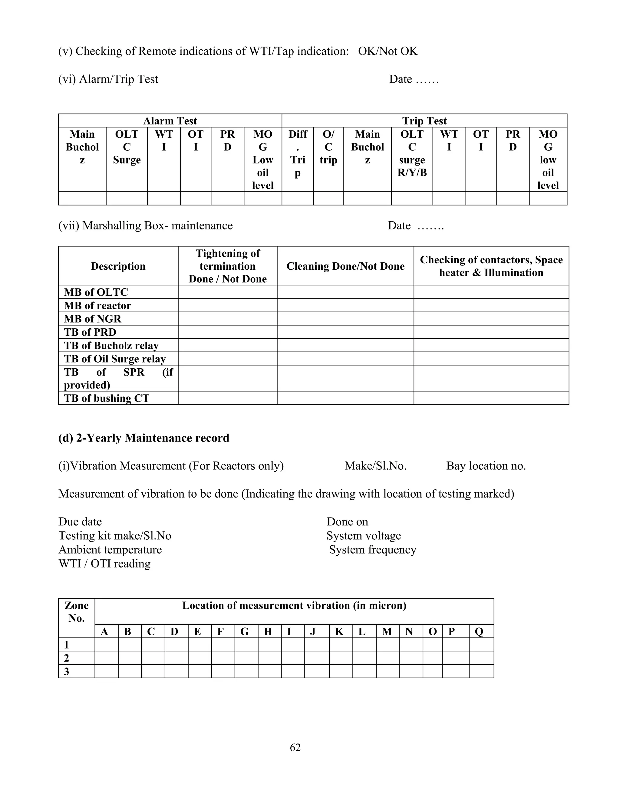 62
(v) Checking of Remote indications of WTI/Tap indication: OK/Not OK
(vi) Alarm/Trip Test Date ……
Alarm Test Trip Test
Main
Buchol
z
OLT
C
Surge
WT
I
OT
I
PR
D
MO
G
Low
oil
level
Diff
.
Tri
p
O/
C
trip
Main
Buchol
z
OLT
C
surge
R/Y/B
WT
I
OT
I
PR
D
MO
G
low
oil
level
(vii) Marshalling Box- maintenance Date …….
Description
Tightening of
termination
Done / Not Done
Cleaning Done/Not Done
Checking of contactors, Space
heater & Illumination
MB of OLTC
MB of reactor
MB of NGR
TB of PRD
TB of Bucholz relay
TB of Oil Surge relay
TB of SPR (if
provided)
TB of bushing CT
(d) 2-Yearly Maintenance record
(i)Vibration Measurement (For Reactors only) Make/Sl.No. Bay location no.
Measurement of vibration to be done (Indicating the drawing with location of testing marked)
Due date Done on
Testing kit make/Sl.No System voltage
Ambient temperature System frequency
WTI / OTI reading
Location of measurement vibration (in micron)
Zone
No.
A B C D E F G H I J K L M N O P Q
1
2
3
 