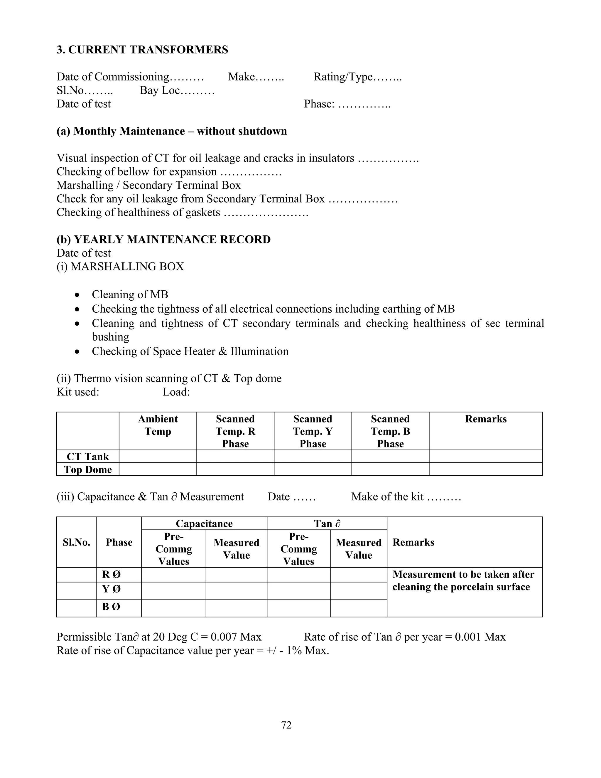 72
3. CURRENT TRANSFORMERS
Date of Commissioning……… Make…….. Rating/Type……..
Sl.No…….. Bay Loc………
Date of test Phase: …………..
(a) Monthly Maintenance – without shutdown
Visual inspection of CT for oil leakage and cracks in insulators …………….
Checking of bellow for expansion …………….
Marshalling / Secondary Terminal Box
Check for any oil leakage from Secondary Terminal Box ………………
Checking of healthiness of gaskets ………………….
(b) YEARLY MAINTENANCE RECORD
Date of test
(i) MARSHALLING BOX
• Cleaning of MB
• Checking the tightness of all electrical connections including earthing of MB
• Cleaning and tightness of CT secondary terminals and checking healthiness of sec terminal
bushing
• Checking of Space Heater & Illumination
(ii) Thermo vision scanning of CT & Top dome
Kit used: Load:
Ambient
Temp
Scanned
Temp. R
Phase
Scanned
Temp. Y
Phase
Scanned
Temp. B
Phase
Remarks
CT Tank
Top Dome
(iii) Capacitance & Tan ∂ Measurement Date …… Make of the kit ………
Capacitance Tan ∂
Sl.No. Phase
Pre-
Commg
Values
Measured
Value
Pre-
Commg
Values
Measured
Value
Remarks
R Ø
Y Ø
B Ø
Measurement to be taken after
cleaning the porcelain surface
Permissible Tan∂ at 20 Deg C = 0.007 Max Rate of rise of Tan ∂ per year = 0.001 Max
Rate of rise of Capacitance value per year = +/ - 1% Max.
 