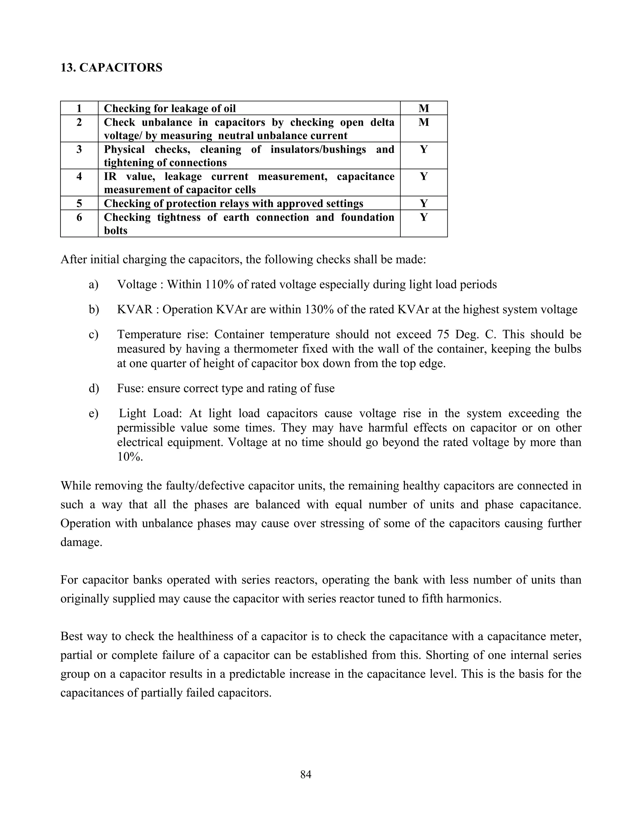 84
13. CAPACITORS
1 Checking for leakage of oil M
2 Check unbalance in capacitors by checking open delta
voltage/ by measuring neutral unbalance current
M
3 Physical checks, cleaning of insulators/bushings and
tightening of connections
Y
4 IR value, leakage current measurement, capacitance
measurement of capacitor cells
Y
5 Checking of protection relays with approved settings Y
6 Checking tightness of earth connection and foundation
bolts
Y
After initial charging the capacitors, the following checks shall be made:
a) Voltage : Within 110% of rated voltage especially during light load periods
b) KVAR : Operation KVAr are within 130% of the rated KVAr at the highest system voltage
c) Temperature rise: Container temperature should not exceed 75 Deg. C. This should be
measured by having a thermometer fixed with the wall of the container, keeping the bulbs
at one quarter of height of capacitor box down from the top edge.
d) Fuse: ensure correct type and rating of fuse
e) Light Load: At light load capacitors cause voltage rise in the system exceeding the
permissible value some times. They may have harmful effects on capacitor or on other
electrical equipment. Voltage at no time should go beyond the rated voltage by more than
10%.
While removing the faulty/defective capacitor units, the remaining healthy capacitors are connected in
such a way that all the phases are balanced with equal number of units and phase capacitance.
Operation with unbalance phases may cause over stressing of some of the capacitors causing further
damage.
For capacitor banks operated with series reactors, operating the bank with less number of units than
originally supplied may cause the capacitor with series reactor tuned to fifth harmonics.
Best way to check the healthiness of a capacitor is to check the capacitance with a capacitance meter,
partial or complete failure of a capacitor can be established from this. Shorting of one internal series
group on a capacitor results in a predictable increase in the capacitance level. This is the basis for the
capacitances of partially failed capacitors.
 