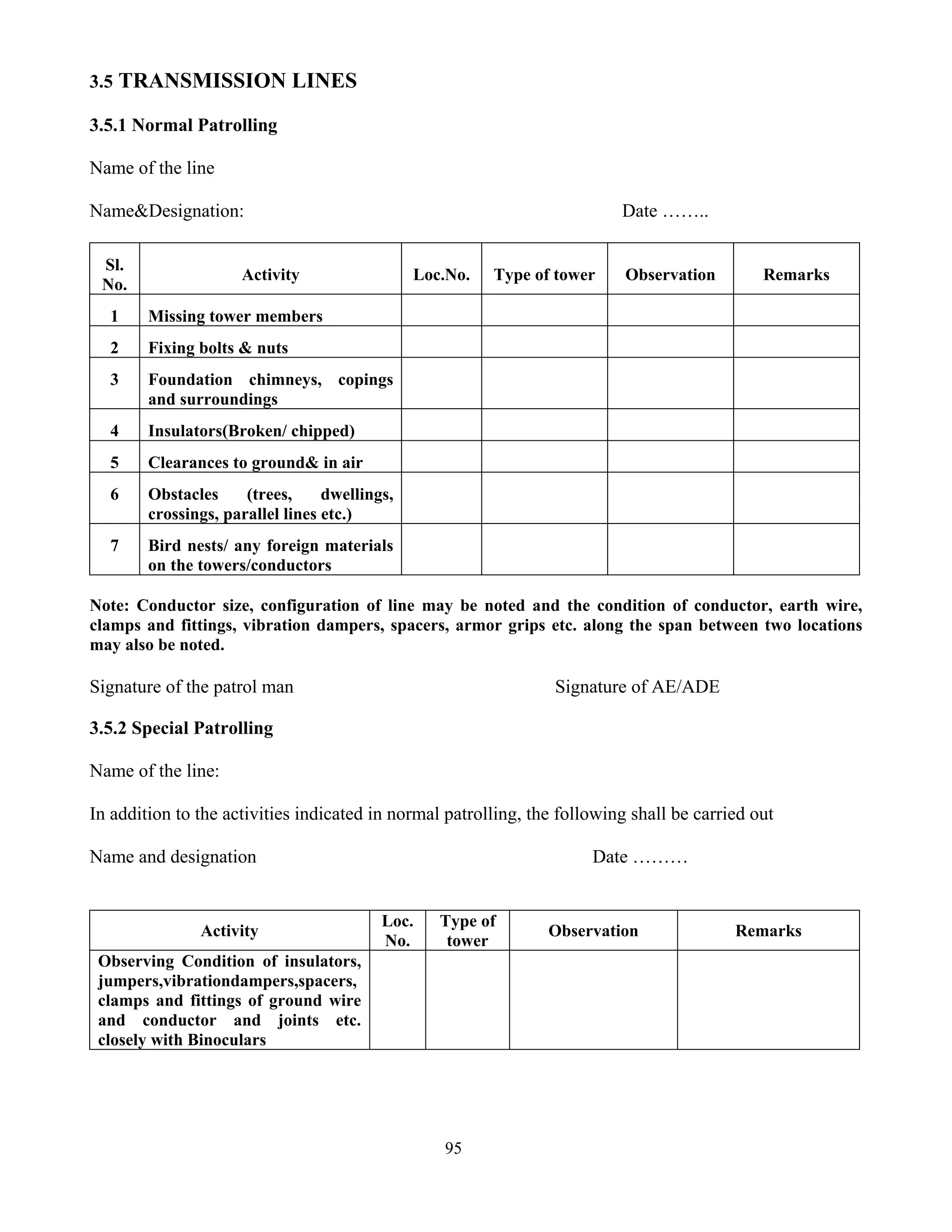 95
3.5 TRANSMISSION LINES
3.5.1 Normal Patrolling
Name of the line
Name&Designation: Date ……..
Sl.
No.
Activity Loc.No. Type of tower Observation Remarks
1 Missing tower members
2 Fixing bolts & nuts
3 Foundation chimneys, copings
and surroundings
4 Insulators(Broken/ chipped)
5 Clearances to ground& in air
6 Obstacles (trees, dwellings,
crossings, parallel lines etc.)
7 Bird nests/ any foreign materials
on the towers/conductors
Note: Conductor size, configuration of line may be noted and the condition of conductor, earth wire,
clamps and fittings, vibration dampers, spacers, armor grips etc. along the span between two locations
may also be noted.
Signature of the patrol man Signature of AE/ADE
3.5.2 Special Patrolling
Name of the line:
In addition to the activities indicated in normal patrolling, the following shall be carried out
Name and designation Date ………
Activity
Loc.
No.
Type of
tower
Observation Remarks
Observing Condition of insulators,
jumpers,vibrationdampers,spacers,
clamps and fittings of ground wire
and conductor and joints etc.
closely with Binoculars
 