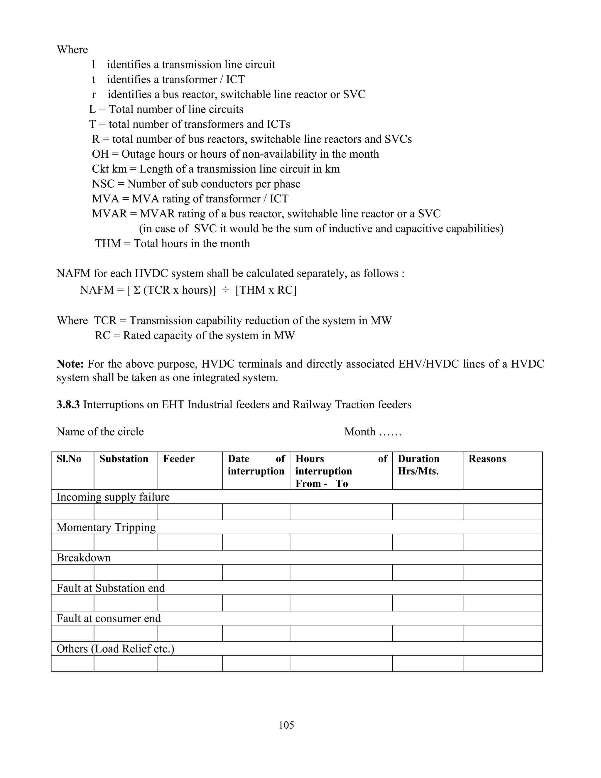 105
Where
l identifies a transmission line circuit
t identifies a transformer / ICT
r identifies a bus reactor, switchable line reactor or SVC
L = Total number of line circuits
T = total number of transformers and ICTs
R = total number of bus reactors, switchable line reactors and SVCs
OH = Outage hours or hours of non-availability in the month
Ckt km = Length of a transmission line circuit in km
NSC = Number of sub conductors per phase
MVA = MVA rating of transformer / ICT
MVAR = MVAR rating of a bus reactor, switchable line reactor or a SVC
(in case of SVC it would be the sum of inductive and capacitive capabilities)
THM = Total hours in the month
NAFM for each HVDC system shall be calculated separately, as follows :
NAFM = [ Σ (TCR x hours)] ÷ [THM x RC]
Where TCR = Transmission capability reduction of the system in MW
RC = Rated capacity of the system in MW
Note: For the above purpose, HVDC terminals and directly associated EHV/HVDC lines of a HVDC
system shall be taken as one integrated system.
3.8.3 Interruptions on EHT Industrial feeders and Railway Traction feeders
Name of the circle Month ……
Sl.No Substation Feeder Date of
interruption
Hours of
interruption
From - To
Duration
Hrs/Mts.
Reasons
Incoming supply failure
Momentary Tripping
Breakdown
Fault at Substation end
Fault at consumer end
Others (Load Relief etc.)
 
