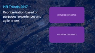 Reorganization based on
purposes, experiences and
agile teams
EMPLOYEE EXPERIENCE
CUSTOMER EXPERIENCE
HR Trends 2017
 