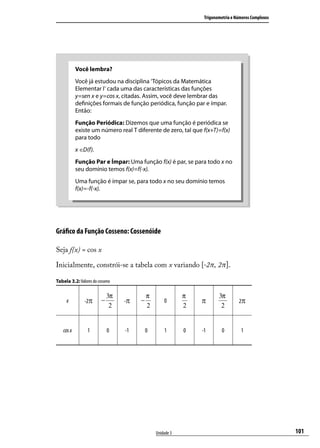 Trigonometria e Números Complexos




            Você lembra?
            Você já estudou na disciplina ‘Tópicos da Matemática
            Elementar I’ cada uma das características das funções
            y=sen x e y=cos x, citadas. Assim, você deve lembrar das
            deﬁnições formais de função periódica, função par e ímpar.
            Então:
            Função Periódica: Dizemos que uma função é periódica se
            existe um número real T diferente de zero, tal que f(x+T)=f(x)
            para todo
            x ∈D(f).
            Função Par e Ímpar: Uma função f(x) é par, se para todo x no
            seu domínio temos f(x)=f(-x).
            Uma função é ímpar se, para todo x no seu domínio temos
            f(x)=-f(-x).




Gráﬁco da Função Cosseno: Cossenóide

Seja f(x) = cos x

Inicialmente, constrói-se a tabela com x variando [-2π, 2π].

Tabela 3.2: Valores do cosseno

                             3π            π               π           3π
     x          -2π      −        -π   −           0           π                 2π
                              2            2               2            2


    cos x        1           0    -1       0       1       0   -1        0        1




                                               Unidade 3                                            101
 
