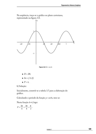 Trigonometria e Números Complexos




Na seqüência, traça-se o gráﬁco no plano cartesiano,
representado na ﬁgura 3.8.




                          Figura 3.8: f(x) = cos 2x




         D = IR;
         Im = [-1,1];
         P = π.
b) Solução:

Inicialmente, constrói-se a tabela 3.7 para a elaboração do
gráﬁco.

Calculando o período da função y= cos4x, tem-se:

Nesta função k=4, logo:
     2π 2π π
P=      =   = .
      4   4  2




                                        Unidade 3                                         109
 