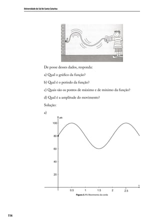 Universidade do Sul de Santa Catarina




                            De posse desses dados, responda:

                            a) Qual o gráﬁco da função?

                            b) Qual é o período da função?

                            c) Quais são os pontos de máximo e de mínimo da função?

                            d) Qual é a amplitude do movimento?

                            Solução:

                            a)




                                                 Figura 3.11: Movimento da corda




114
 