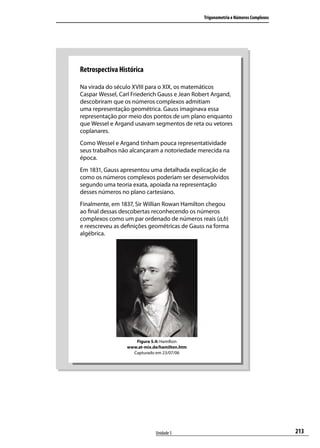Trigonometria e Números Complexos




Retrospectiva Histórica

Na virada do século XVIII para o XIX, os matemáticos
Caspar Wessel, Carl Friederich Gauss e Jean Robert Argand,
descobriram que os números complexos admitiam
uma representação geométrica. Gauss imaginava essa
representação por meio dos pontos de um plano enquanto
que Wessel e Argand usavam segmentos de reta ou vetores
coplanares.
Como Wessel e Argand tinham pouca representatividade
seus trabalhos não alcançaram a notoriedade merecida na
época.
Em 1831, Gauss apresentou uma detalhada explicação de
como os números complexos poderiam ser desenvolvidos
segundo uma teoria exata, apoiada na representação
desses números no plano cartesiano.
Finalmente, em 1837, Sir Willian Rowan Hamilton chegou
ao ﬁnal dessas descobertas reconhecendo os números
complexos como um par ordenado de números reais (a,b)
e reescreveu as deﬁnições geométricas de Gauss na forma
algébrica.




                    Figura 5.4: Hamilton
                 www.at-mix.de/hamilton.htm
                   Capturado em 23/07/06




                             Unidade 5                                             213
 