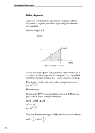 Universidade do Sul de Santa Catarina




                            Módulo e Argumento

                            Agora que você já sabe que um número complexo pode ser
                            representado no plano, estudará a seguir o signiﬁcado desta
                            representação.

                            Observe a ﬁgura 5.5:




                                                       Figura 5.5: Módulo e argumento




                            A distância entre o ponto P(a,b), também chamado aﬁxo de z,
                            e a origem do plano, representada pelo ponto O, é chamada de
                            módulo do número complexo z=a+bi, que se denota por |z|=ρ.

                            Essa distância é calculada utilizando-se a seguinte fórmula:
                            ρ = a 2 + b2 .

                            Demonstração:

                            No triângulo OAP é possível aplicar o teorema de Pitágoras,
                            pois, trata-se de um triângulo retângulo:

                            (OP ) = (OA) + ( AP )
                                    2         2    2



                            ρ 2 = a 2 + b2
                            ρ = a 2 + b2


                            Note que do mesmo triângulo OAP, conclui-se outras relações:
                                        a          b
                            cosθ =        e sen θ = .
                                        ρ          ρ


214
 