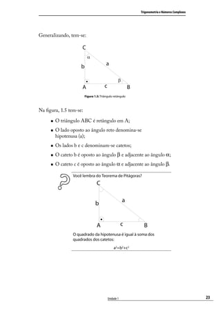 Trigonometria e Números Complexos




Generalizando, tem-se:




                        Figura 1.5: Triângulo retângulo



Na ﬁgura, 1.5 tem-se:

        O triângulo ABC é retângulo em A;
        O lado oposto ao ângulo reto denomina-se
         hipotenusa (a);
        Os lados b e c denominam-se catetos;
        O cateto b é oposto ao ângulo β e adjacente ao ângulo α ;
        O cateto c é oposto ao ângulo α e adjacente ao ângulo β.

                 Você lembra do Teorema de Pitágoras?




                 O quadrado da hipotenusa é igual à soma dos
                 quadrados dos catetos:
                                              a2=b2+c2




                                         Unidade 1                                            23
 