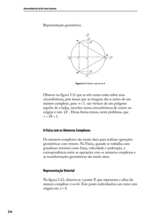 Universidade do Sul de Santa Catarina




                            Representação geométrica:




                                                     Figura 5.11: Raízes cúbicas de 8




                            Observe na ﬁgura 5.11 que as três raízes estão sobre uma
                            circunferência, pois temos que as imagens das n raízes de um
                            número complexo, para n ≥ 3, são vértices de um polígono
                            regular de n lados, inscritos numa circunferência de centro na
                            origem e raio n ρ . Dessa forma temos, neste problema, que
                            r = 38 =2.



                            A Física com os Números Complexos

                            Os números complexos são muito úteis para realizar operações
                            geométricas com vetores. Na Física, quando se trabalha com
                            grandezas vetoriais como força, velocidade e aceleração, a
                            correspondência entre as operações com os números complexos e
                            as transformações geométricas são muito úteis.


                            Representação Vetorial

                            Na ﬁgura 5.12, observa-se o ponto P, que representa o aﬁxo do
                            número complexo z=a+bi. Este ponto individualiza um vetor com
                            origem em z = 0.




234
 