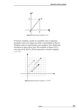 Trigonometria e Números Complexos




                 Figura 5.12: Representação vetorial de z=a+bi




O número complexo z pode ser concebido como o segmento
orientado, vetor, com origem em (0,0) e extremidade em P(a,b).
Também, pode ser representado como qualquer vetor obtido pela
translação no plano desse vetor. Por exemplo, na ﬁgura 5.13 o
vetor que vai de A(2,1) a B(5,4) representa o número complexo
z = 3 + 3i.




              Figura 5.13: Representação do complexo z   = 3+3i




                                         Unidade 5                                                    235
 