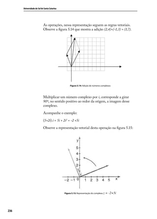 Universidade do Sul de Santa Catarina




                            As operações, nessa representação seguem as regras vetoriais.
                            Observe a ﬁgura 5.14 que mostra a adição (2,4)+(-1,3) = (1,7).




                                                   Figura 5.14: Adição de números complexos




                            Multiplicar um número complexo por i, corresponde a girar
                            90º, no sentido positivo ao redor da origem, a imagem desse
                            complexo.

                            Acompanhe o exemplo:

                            (5+2i).i = 5i + 2i2 = -2 +5i

                            Observe a representação vetorial desta operação na ﬁgura 5.15:




                                              Figura 5.15: Representação do complexo z   = -2+5i




236
 