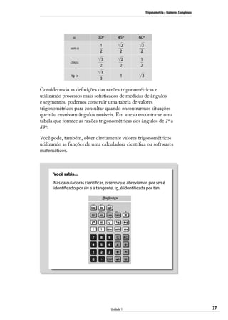 Trigonometria e Números Complexos




Considerando as deﬁnições das razões trigonométricas e
utilizando processos mais soﬁsticados de medidas de ângulos
e segmentos, podemos construir uma tabela de valores
trigonométricos para consultar quando encontrarmos situações
que não envolvam ângulos notáveis. Em anexo encontra-se uma
tabela que fornece as razões trigonométricas dos ângulos de 1º a
89º.

Você pode, também, obter diretamente valores trigonométricos
utilizando as funções de uma calculadora cientíﬁca ou softwares
matemáticos.



      Você sabia...
      Nas calculadoras cientíﬁcas, o seno que abreviamos por sen é
      identiﬁcado por sin e a tangente, tg, é identiﬁcada por tan.




                                    Unidade 1                                              27
 