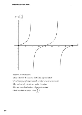 Universidade do Sul de Santa Catarina




                   x
            y = tg  
                   2




      Responda os itens a seguir:
      a) Qual o domínio de cada uma das funções representadas?
      b) Qual é o conjunto imagem de cada uma das funções representadas?
      c) Em que intervalo a função y = sen 2 x é negativa?
      d) Em que intervalo a função y = 2 + cos x é positiva?
      e) Qual o período da função y = tg 
                                               x?
                                                 
                                              2




280
 