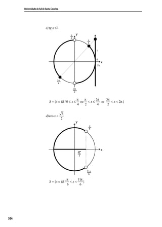 Universidade do Sul de Santa Catarina




                             c) tg x ≤ 1




                                                         π   π      5π    3π
                                 S = {x ∈ IR / 0 ≤ x ≤     ou < x ≤    ou    < x < 2π }
                                                         4   2       4     2

                                               3
                             d) cos x <
                                              2




                                                   π     11π
                                 S = {x ∈ IR /       <x<     }
                                                   6      6




304
 