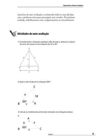 Trigonometria e Números Complexos




exercícios da auto-avaliação e esclarecido todas as suas dúvidas
com o professor-tutor para prosseguir seus estudos. Na próxima
unidade, trabalharemos com a trigonometria na circunferência.




Atividades de auto-avaliação

1) Considerando o triângulo eqüilátero ABC de lado a, deduza os valores
   do seno, do cosseno e da tangente de 30º e 60º.




2) Qual o valor de a e c no triângulo ABC?




3) Calcule as medidas desconhecidas indicadas nos triângulos abaixo:
a)




                                      Unidade 1                                             43
 