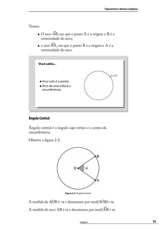 Trigonometria e Números Complexos




Temos:

         O arco    , em que o ponto A é a origem e B é a
          extremidade do arco;
         o arco   , em que o ponto B é a origem e A é a
          extremidade do arco.


      Você sabia...




             Arco nulo é o ponto;
             Arco de uma volta é a
              circunferência.




Ângulo Central

Ângulo central é o ângulo cujo vértice é o centro da
circunferência.

Observe a ﬁgura 2.2:




                              Figura 2.2: Ângulo Central


A medida de AÔB é α e denotamos por med(AÔB)= α.

A medida do arco AB é α e denotamos por med(                  )= α.


                                             Unidade 2                                         53
 