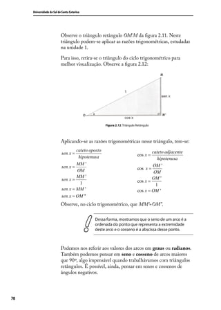 Universidade do Sul de Santa Catarina




                           Observe o triângulo retângulo OM’M da ﬁgura 2.11. Neste
                           triângulo podem-se aplicar as razões trigonométricas, estudadas
                           na unidade 1.

                           Para isso, retira-se o triângulo do ciclo trigonométrico para
                           melhor visualização. Observe a ﬁgura 2.12:




                                                   Figura 2.12: Triângulo Retângulo




                           Aplicando-se as razões trigonométricas nesse triângulo, tem-se:
                                   cateto oposto                                  cateto adjacente
                           sen x =                                        cos x =
                                    hipotenusa                                       hipotenusa
                                   MM '                                           OM '
                           sen x =                                        cos x =
                                   OM                                              OM
                                   MM '                                           OM '
                           sen x =                                        cos x =
                                     1                                              1
                           sen x = MM '                                   cos x = OM '
                           sen x = OM ''
                           Observe, no ciclo trigonométrico, que MM’=OM”.

                                             Dessa forma, mostramos que o seno de um arco é a
                                             ordenada do ponto que representa a extremidade
                                             deste arco e o cosseno é a abscissa desse ponto.



                           Podemos nos referir aos valores dos arcos em graus ou radianos.
                           Também podemos pensar em seno e cosseno de arcos maiores
                           que 90º, algo impensável quando trabalhávamos com triângulos
                           retângulos. É possível, ainda, pensar em senos e cossenos de
                           ângulos negativos.




70
 