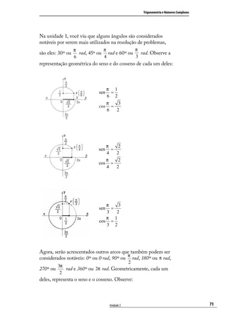 Trigonometria e Números Complexos




Na unidade 1, você viu que alguns ângulos são considerados
notáveis por serem mais utilizados na resolução de problemas,
                   π            π             π
são eles: 30º ou     rad, 45º ou rad e 60º ou   rad. Observe a
                   6            4             3
representação geométrica do seno e do cosseno de cada um deles:



                                    π 1
                              sen    =
                                    6 2
                                    π    3
                              cos     =
                                    6   2




                                 π    2
                              sen  =
                                 4   2
                                 π    2
                              cos =
                                 4   2




                                 π    3
                              sen  =
                                 3   2
                                 π 1
                              cos =
                                 3 2




Agora, serão acrescentados outros arcos que também podem ser
                                          π
considerados notáveis: 0º ou 0 rad, 90º ou rad, 180º ou π rad,
                                       2
        3π
270º ou    rad e 360º ou 2π rad. Geometricamente, cada um
         2
deles, representa o seno e o cosseno. Observe:



                                     Unidade 2                                        71
 