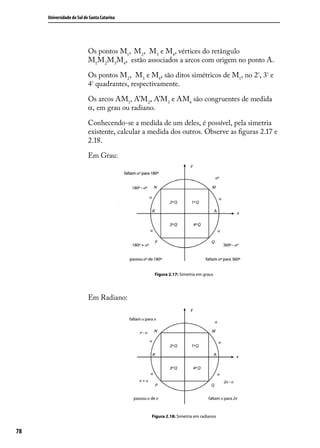 Universidade do Sul de Santa Catarina




                           Os pontos M1, M2, M3 e M4, vértices do retângulo
                           M1M2M3M4, estão associados a arcos com origem no ponto A.

                           Os pontos M 2, M3 e M4, são ditos simétricos de M1, no 2º, 3º e
                           4º quadrantes, respectivamente.

                           Os arcos AM1, A’M2, A’M3 e AM4 são congruentes de medida
                           α, em grau ou radiano.

                           Conhecendo-se a medida de um deles, é possível, pela simetria
                           existente, calcular a medida dos outros. Observe as ﬁguras 2.17 e
                           2.18.

                           Em Grau:




                                                 Figura 2.17: Simetria em graus




                           Em Radiano:




                                                Figura 2.18: Simetria em radianos


78
 