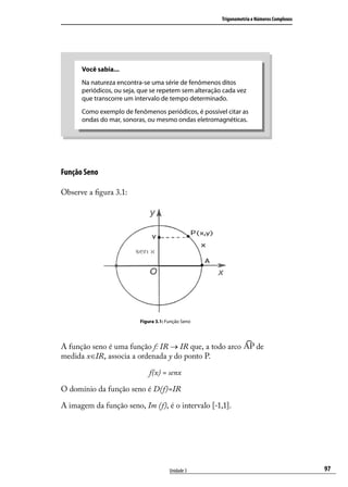 Trigonometria e Números Complexos




      Você sabia...
      Na natureza encontra-se uma série de fenômenos ditos
      periódicos, ou seja, que se repetem sem alteração cada vez
      que transcorre um intervalo de tempo determinado.
      Como exemplo de fenômenos periódicos, é possível citar as
      ondas do mar, sonoras, ou mesmo ondas eletromagnéticas.




Função Seno

Observe a ﬁgura 3.1:




                          Figura 3.1: Função Seno




A função seno é uma função f: IR → IR que, a todo arco                 de
medida x∈IR, associa a ordenada y do ponto P.

                              f(x) = senx

O domínio da função seno é D(f)=IR

A imagem da função seno, Im (f), é o intervalo [-1,1].




                                       Unidade 3                                           97
 