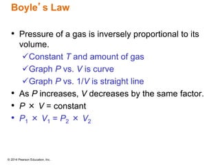 © 2014 Pearson Education, Inc.
Boyle’s Law
• Pressure of a gas is inversely proportional to its
volume.
Constant T and amount of gas
Graph P vs. V is curve
Graph P vs. 1/V is straight line
• As P increases, V decreases by the same factor.
• P × V = constant
• P1 × V1 = P2 × V2
 