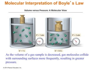 © 2014 Pearson Education, Inc.
Molecular Interpretation of Boyle’s Law
As the volume of a gas sample is decreased, gas molecules collide
with surrounding surfaces more frequently, resulting in greater
pressure.
 
