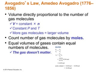 © 2014 Pearson Education, Inc.
Avogadro’s Law, Amedeo Avogadro (1776–
1856)
• Volume directly proportional to the number of
gas molecules
V = constant × n
Constant P and T
More gas molecules = larger volume
• Count number of gas molecules by moles.
• Equal volumes of gases contain equal
numbers of molecules.
The gas doesn't matter.
 