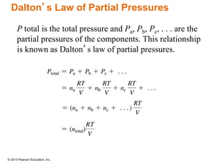 © 2014 Pearson Education, Inc.
Dalton’s Law of Partial Pressures
P total is the total pressure and Pa, Pb, Pc, . . . are the
partial pressures of the components. This relationship
is known as Dalton’s law of partial pressures.
 