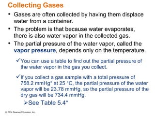 © 2014 Pearson Education, Inc.
Collecting Gases
• Gases are often collected by having them displace
water from a container.
• The problem is that because water evaporates,
there is also water vapor in the collected gas.
• The partial pressure of the water vapor, called the
vapor pressure, depends only on the temperature.
You can use a table to find out the partial pressure of
the water vapor in the gas you collect.
If you collect a gas sample with a total pressure of
758.2 mmHg* at 25 °C, the partial pressure of the water
vapor will be 23.78 mmHg, so the partial pressure of the
dry gas will be 734.4 mmHg.
See Table 5.4*
 