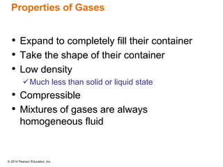 © 2014 Pearson Education, Inc.
Properties of Gases
• Expand to completely fill their container
• Take the shape of their container
• Low density
Much less than solid or liquid state
• Compressible
• Mixtures of gases are always
homogeneous fluid
 