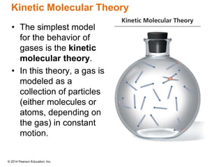 © 2014 Pearson Education, Inc.
Kinetic Molecular Theory
• The simplest model
for the behavior of
gases is the kinetic
molecular theory.
• In this theory, a gas is
modeled as a
collection of particles
(either molecules or
atoms, depending on
the gas) in constant
motion.
 