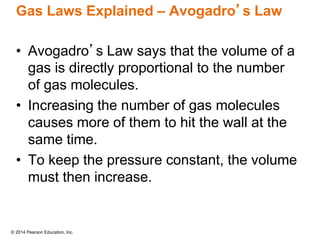 © 2014 Pearson Education, Inc.
Gas Laws Explained – Avogadro’s Law
• Avogadro’s Law says that the volume of a
gas is directly proportional to the number
of gas molecules.
• Increasing the number of gas molecules
causes more of them to hit the wall at the
same time.
• To keep the pressure constant, the volume
must then increase.
 