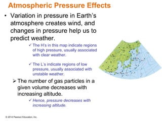 © 2014 Pearson Education, Inc.
Atmospheric Pressure Effects
• Variation in pressure in Earth’s
atmosphere creates wind, and
changes in pressure help us to
predict weather.
 The H’s in this map indicate regions
of high pressure, usually associated
with clear weather.
 The L’s indicate regions of low
pressure, usually associated with
unstable weather.
The number of gas particles in a
given volume decreases with
increasing altitude.
 Hence, pressure decreases with
increasing altitude.
 