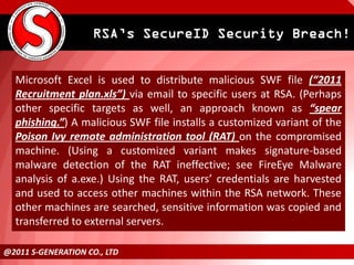 RSA’s SecureID Security Breach!


  Microsoft Excel is used to distribute malicious SWF file (“2011
  Recruitment plan.xls...