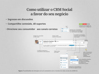 Como utilizar o CRM Social
                          a favor do seu negócio
• Ingresse em discussões

• Compartilhe conteúdo, dê suportes

• Direcione seu consumidor aos canais corretos




           Figura: Possibiliaddes de interação com um comentário com o monitor de redes sociais do eCRM123.
 