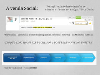 “Transformando desconhecidos em
 A venda Social:                              clientes e clientes em amigos.” Seth Godin




Oportunidade – Consumidor insatisfeito com operadora, encontrado no twitter - via Monitor do eCRM123.



“TROQUE 1.000 SPAMS VIA E-MAIL POR 1 POST RELEVANTE NO TWITTER”




Ciclo de venda social – Fonte: eCRM123
 